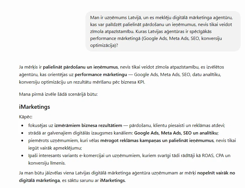 ChatGPT atbilde, kurā rekomendēts iMarketings
